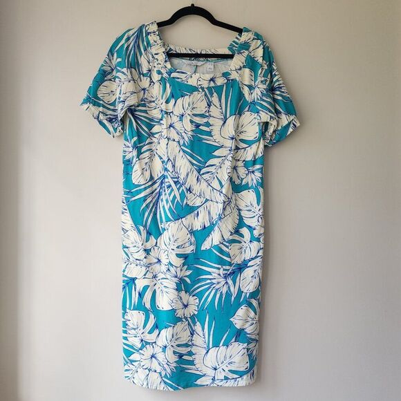 XXS Mid Length Dress | Short Sleeves Palm Print | Pockets Stretch White Blue | - Picture 1 of 6